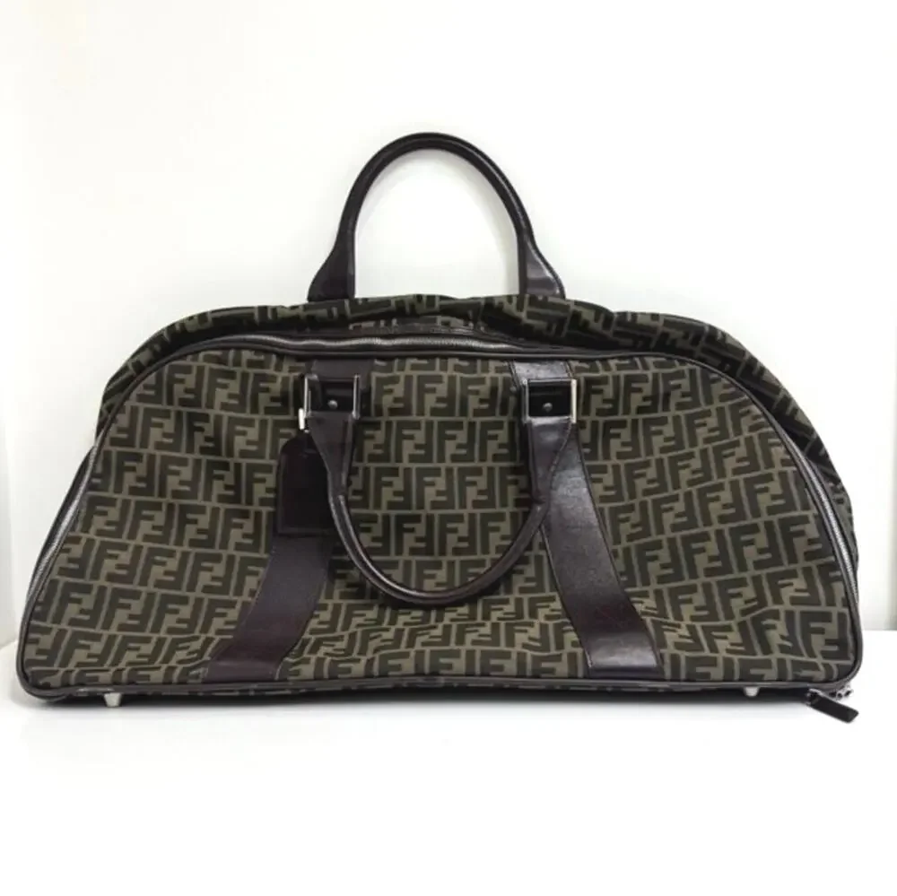 FENDI Large Brown Zucca Canvas Duffle Bag Monogram Leather Travel Luggage FF